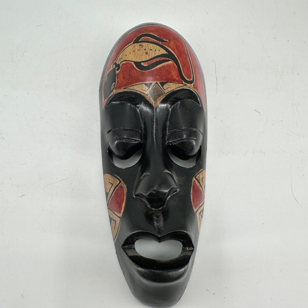 Indonesian Hand Carved Wooden Mask Black Red Painted Wall Decor